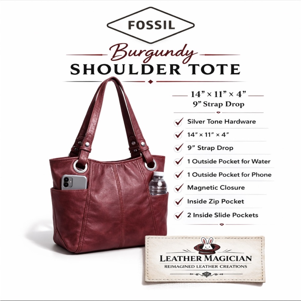 Fossil Burgundy Shoulder Tote Bag Y2K Vintage 14”x11”x4”